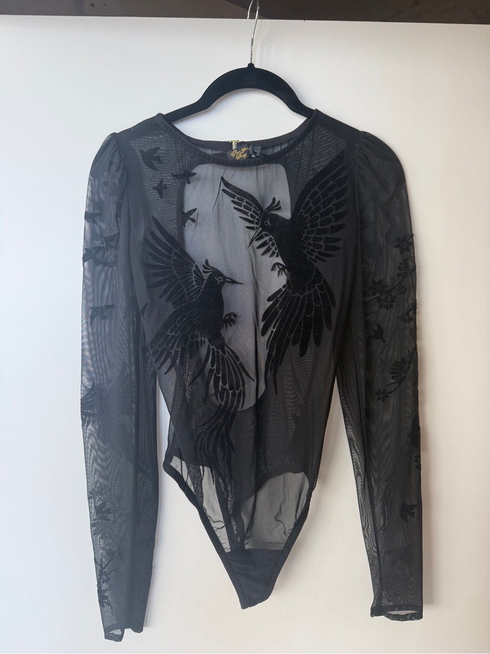 Sheer Black Bird-Embroidered Long Sleeve Bodysuit